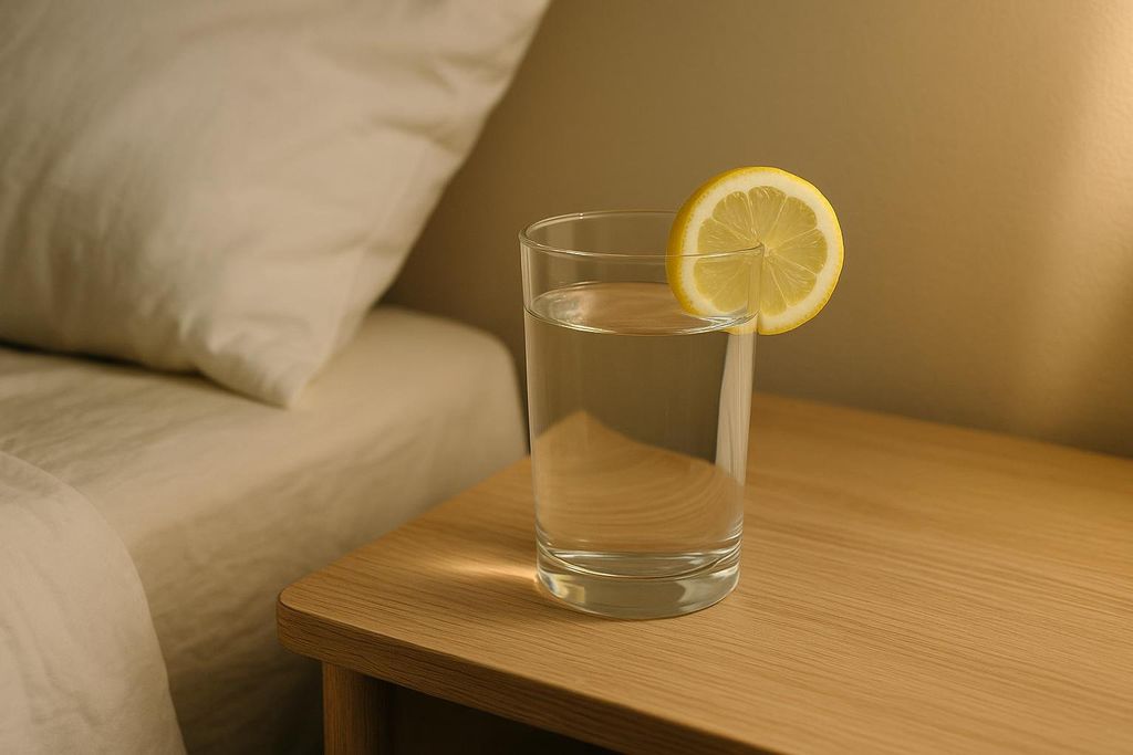 A clear glass of water with a slice of lemon on the rim, sitting on a light wooden bedside table. A white pillow and bedsheet are visible in the soft-focus background.