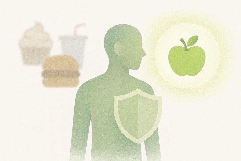 Illustration of a figure with a shield, looking towards a glowing apple with unhealthy fast food in the background, representing choosing healthy options.