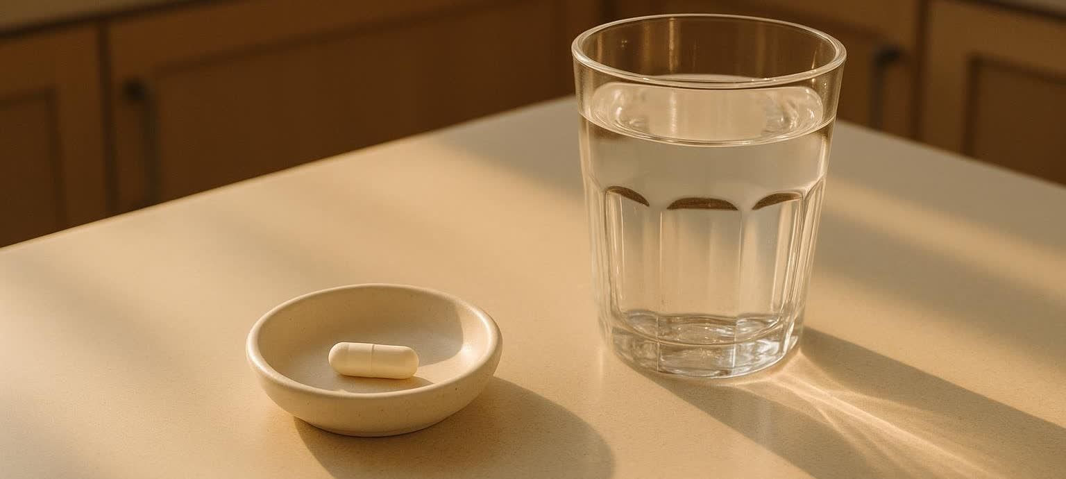 A single small capsule next to a glass of water on a kitchen counter.