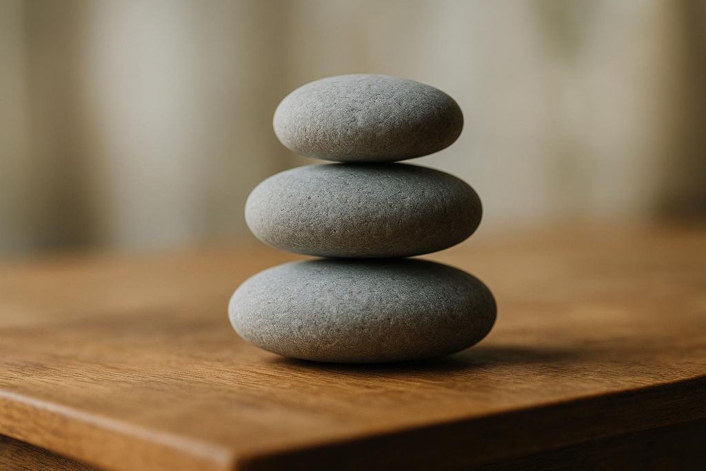 Three balanced stones stacked on a table