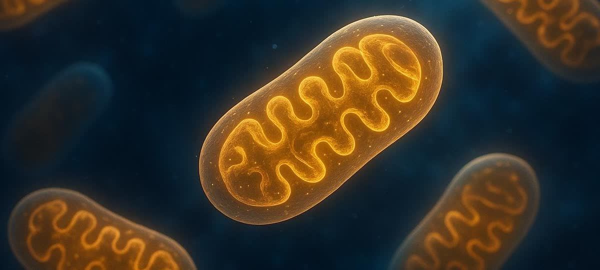 A close-up 3D rendering of multiple golden mitochondria, each with glowing, intricate internal structures, set against a dark, abstract cellular background.