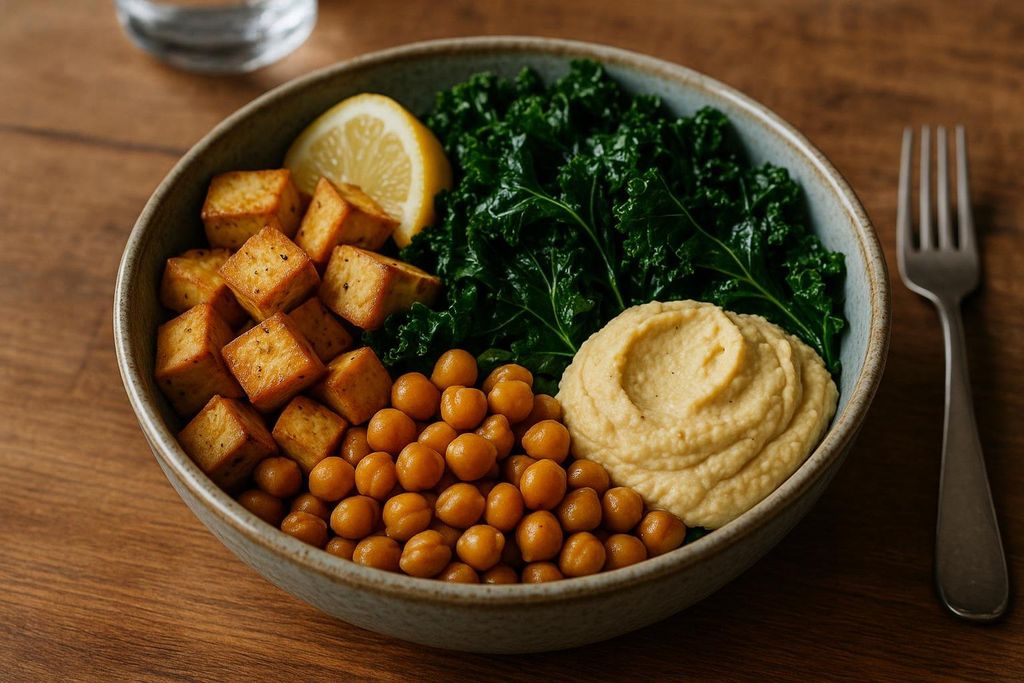 High-protein vegetarian meal bowl with tofu and chickpeas