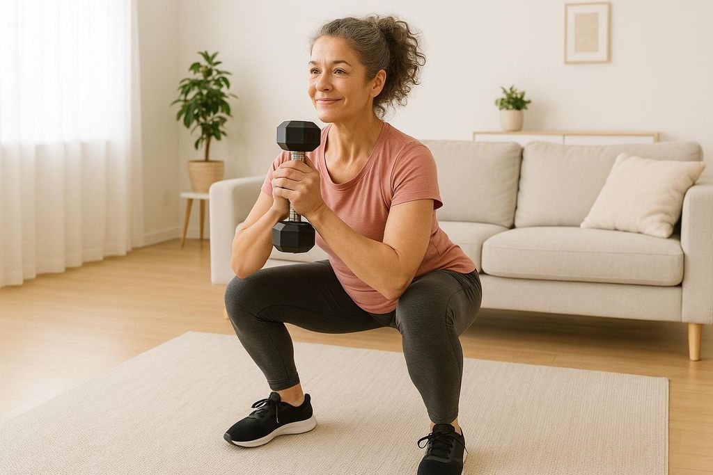 A woman in her 50s with graying hair gathered in a ponytail performs a goblet squat in her living room, holding a dumbbell with both hands. She wears a pink t-shirt, dark gray leggings, and black athletic shoes, demonstrating a strength training exercise.