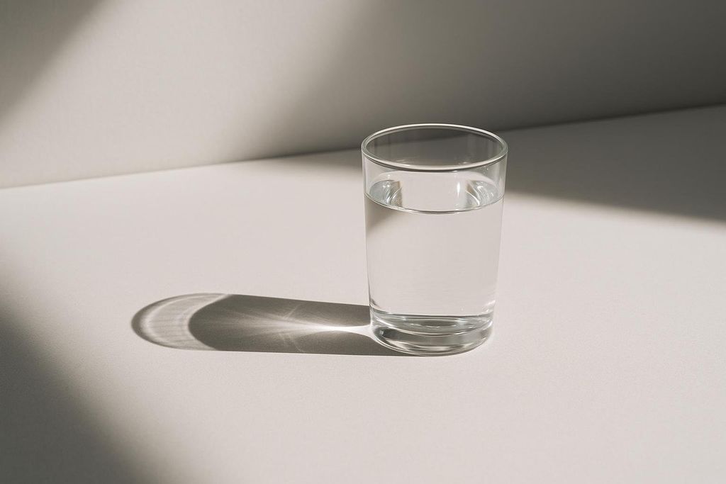 A clear glass of water sits on a plain, light-colored surface. Strong shadows fall across the background and cast a distinct, curved shadow from the glass onto the table.