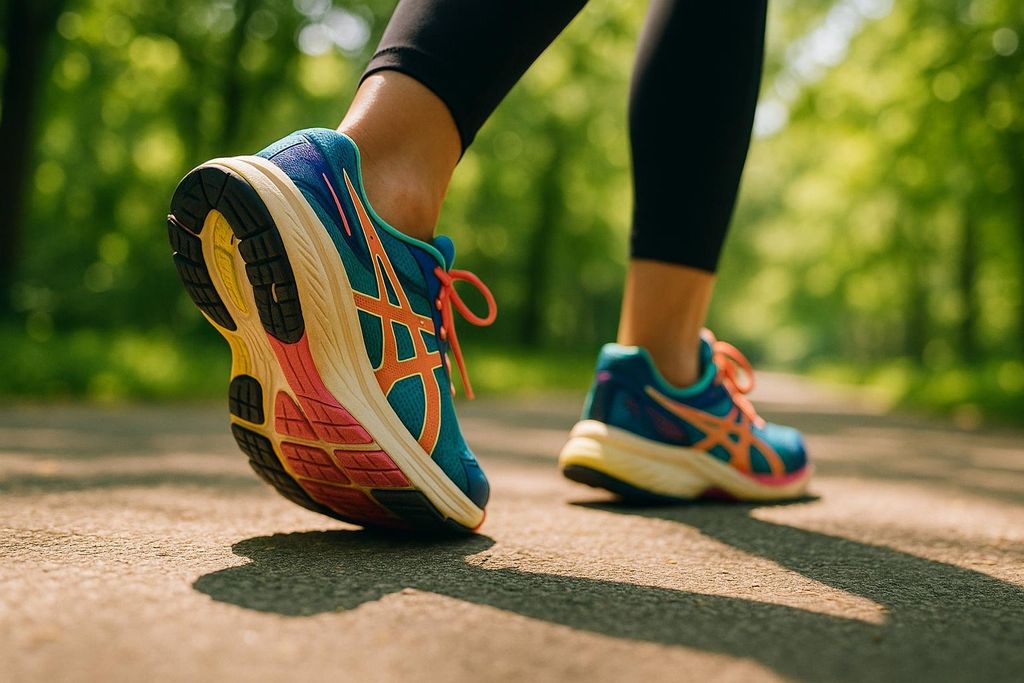 Low angle close-up of feet wearing blue and orange running shoes walking on a sunlit paved path in a park.