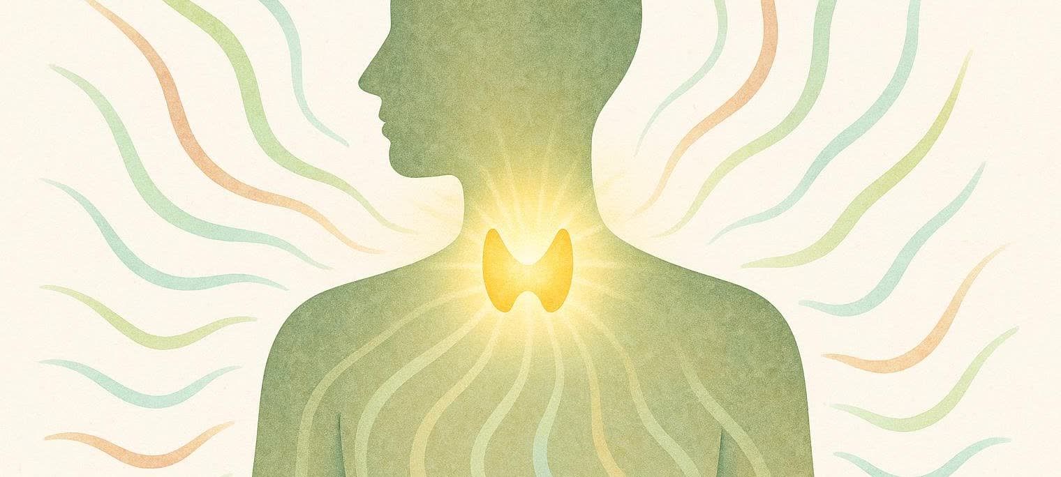 Abstract illustration of a human torso silhouette in green with a glowing yellow thyroid gland in the neck, surrounded by swirling lines representing energy flow. This image symbolizes metabolic vitality.