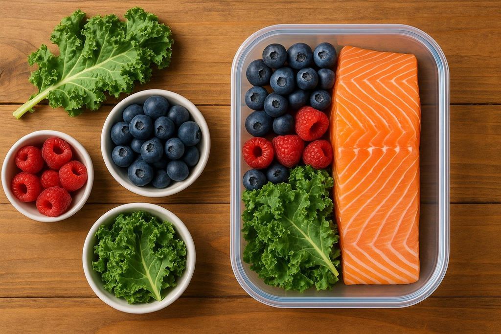 Overhead photo of a meal prep container with raw salmon fillet, blueberries, and kale leaf inside, next to small bowls of raspberries, blueberries, and kale on a wooden table.