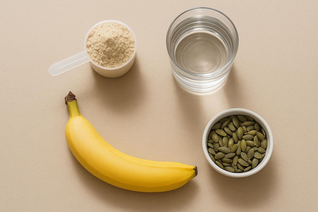 A flat lay image displaying post-workout nutrition options. A scoop of protein powder, a glass of water, a whole banana, and a small bowl of pumpkin seeds are arranged on a light brown surface.