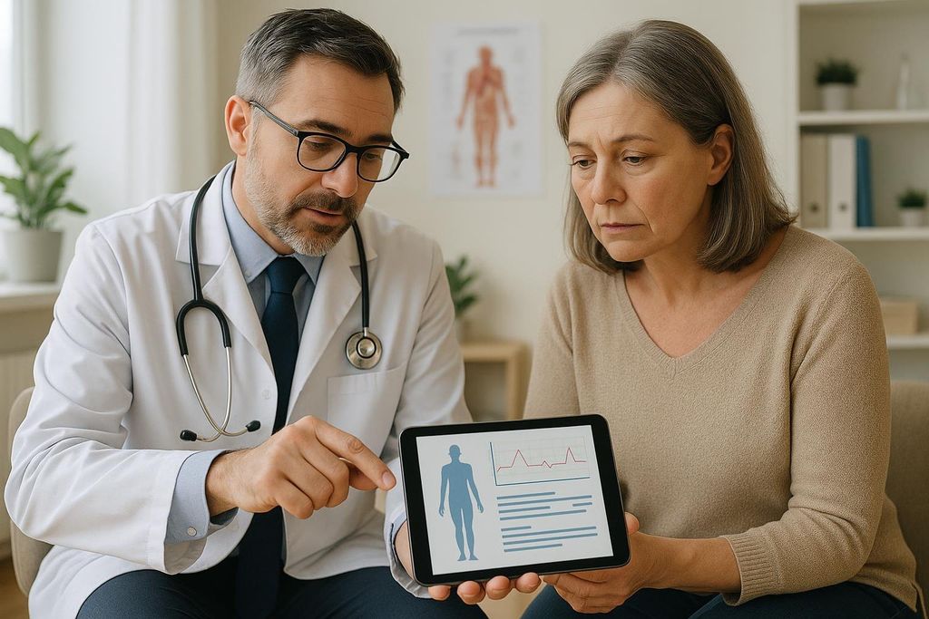 A male doctor in a white coat and stethoscope is pointing to a tablet displaying a digital medical chart with a human silhouette, graphs, and text. A female patient with gray hair, wearing a beige sweater, is looking at the tablet with a serious expression.