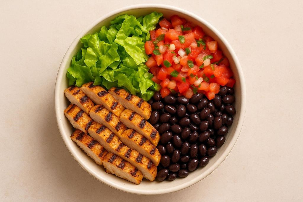 An overhead shot of a healthy Taco Bell Cantina Chicken Bowl. The bowl contains four quadrants of ingredients: fresh green lettuce, diced tomatoes and onions (pico de gallo), black beans, and grilled chicken slices.