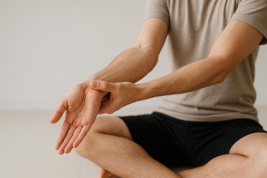 A person demonstrating the correct form for a wrist flexor stretch to improve flexibility, seated with one hand gently pulling back the fingers of the other hand.