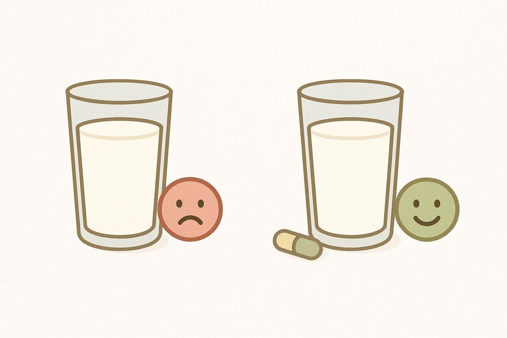 An illustration showing two glasses of milk side-by-side. The glass on the left has a red sad face next to it, indicating difficulty digesting. The glass on the right has a lactase pill and a green happy face, showing improved digestion after taking the supplement.