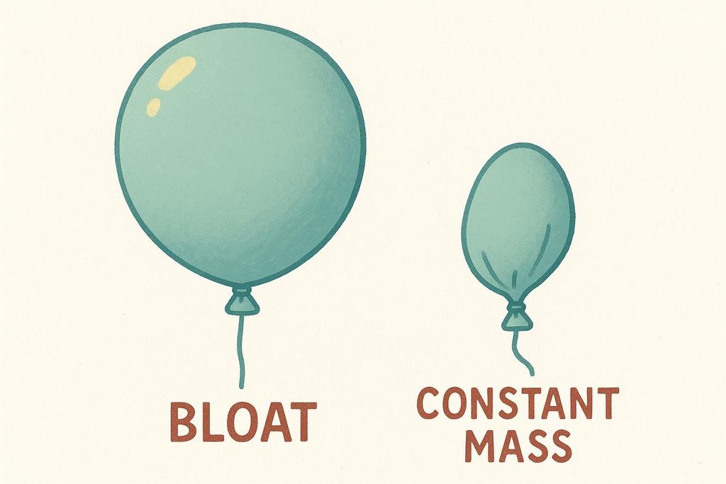 An illustration comparing 'bloat' and 'constant mass' using balloons. A large, round, inflated teal balloon labeled 'BLOAT' is on the left. A smaller, deflated, shrivelled teal balloon labeled 'CONSTANT MASS' is on the right.