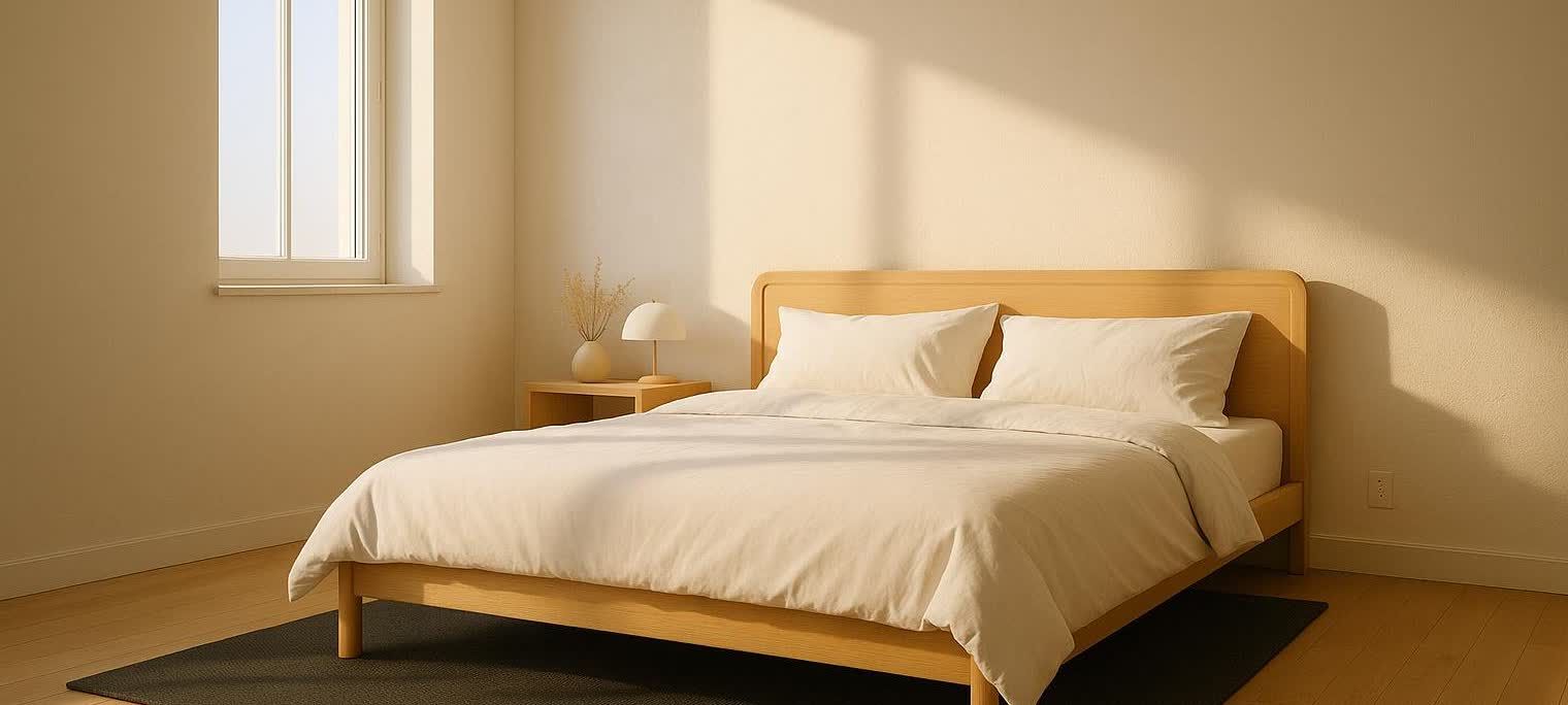 A minimalist bedroom with a light wood bed frame, white bedding, and a small side table with a lamp and vase. Sunlight streams in from a window on the left, casting shadows on the light-colored wall. A dark rug is visible under the bed.