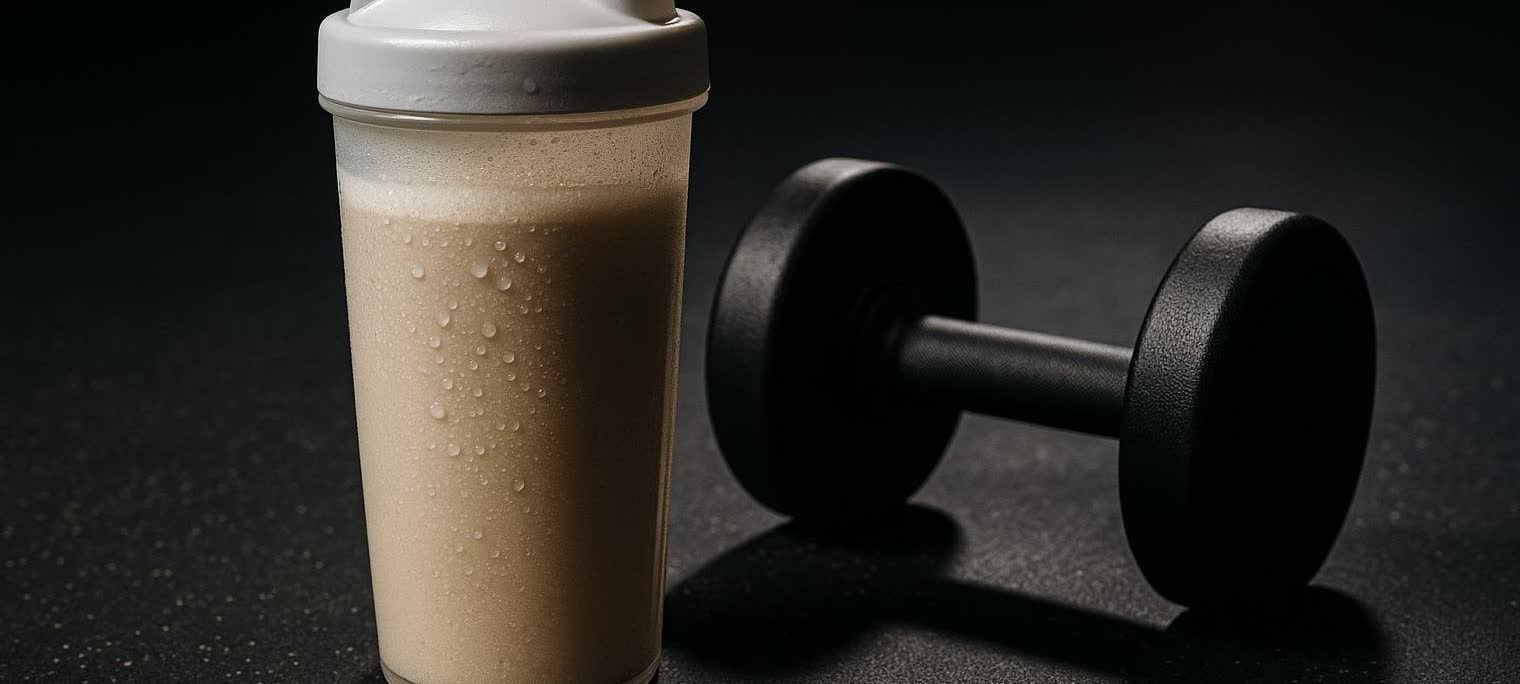 A cold protein shake in a shaker bottle with condensation, placed next to a black dumbbell on a dark gym floor. The protein shake is light in color, and the background is dark.