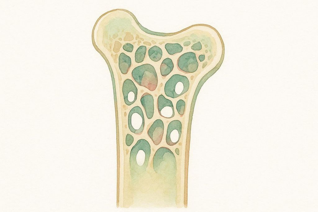 A watercolor illustration depicting a cross-section of bone, revealing its porous nature with internal spaces (marrow cavities). The bone structure shows varying shades of green, brown, and some reddish hues within the cavities, set against a light background.