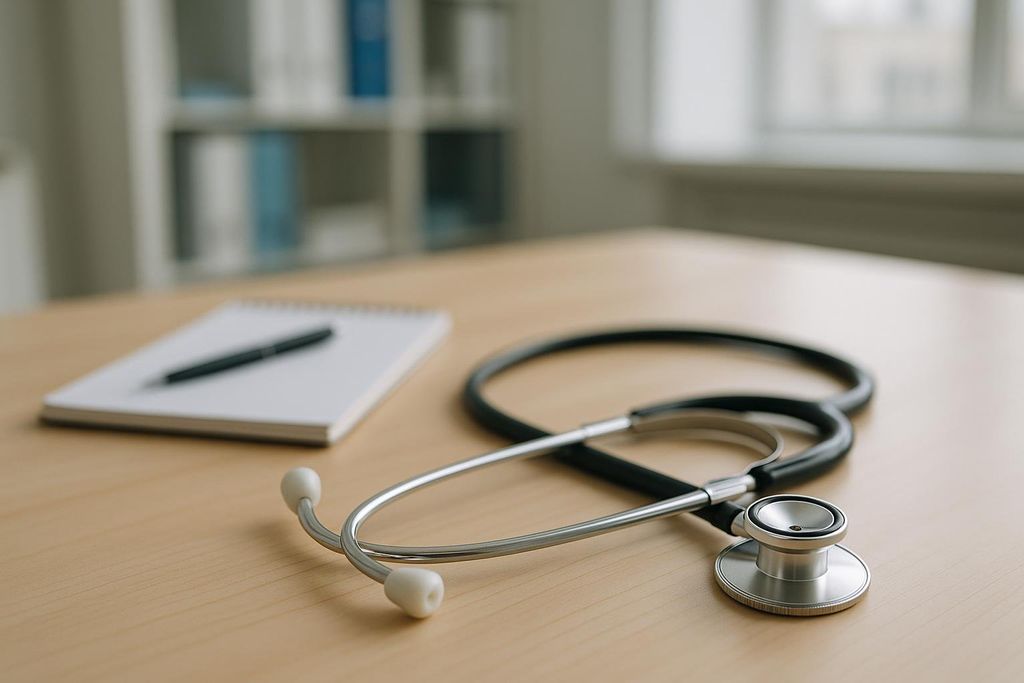 A close-up shot of a stethoscope and a spiral notebook with a pen on a light wooden desk. The background is blurred, showing a window and shelves.