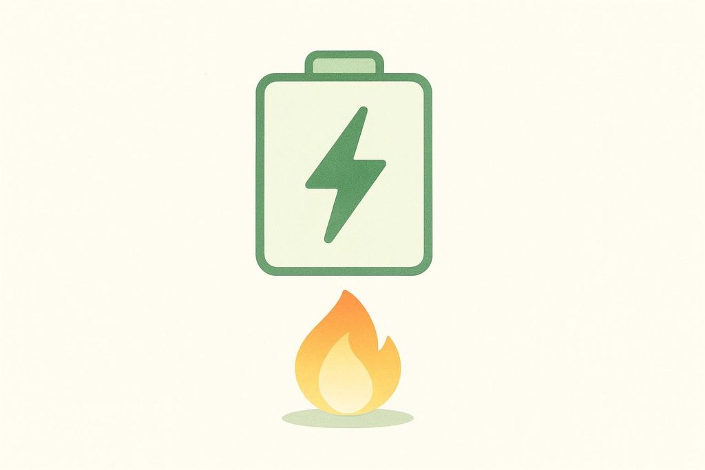 An illustration of a green battery icon with a lightning bolt symbol, positioned above an orange and yellow flame. This visual metaphor represents energy recovery or a battery charging from a flame.