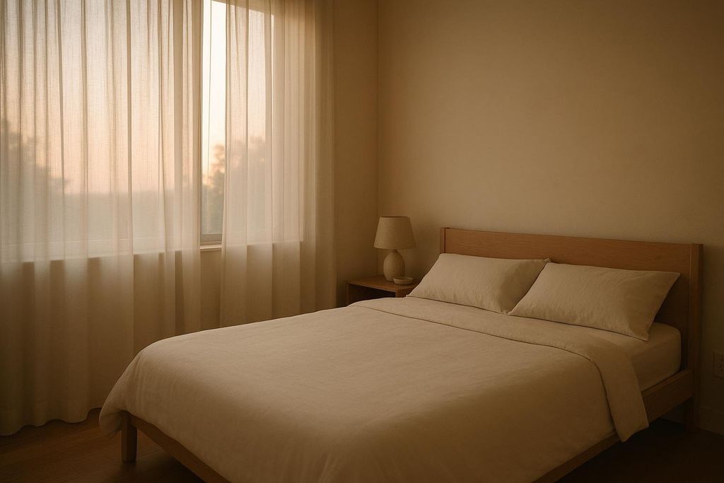 A serene and minimalist bedroom with a large bed in light neutral tones and a simple wooden headboard. Soft morning light filters through sheer curtains, illuminating a bedside table with a small lamp. The overall atmosphere is calm and peaceful.