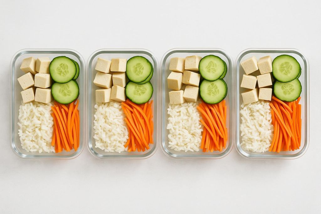 Overhead photo of four meal prep containers filled with rice, tofu, and vegetables.