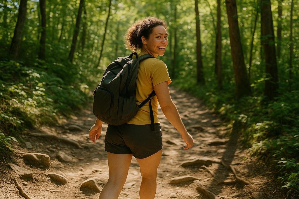 A smiling woman with curly hair, wearing a yellow t-shirt and shorts, looks back at the camera while hiking on a sun-dappled, rocky path through a lush green forest, carrying a backpack.