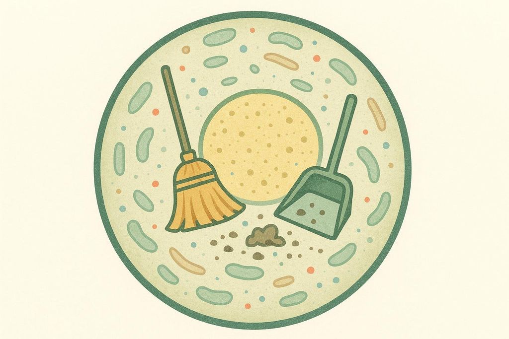 Illustration of a cross-section of a cell containing a central yellow nucleus and various small organelles. A broom and a dustpan are sweeping up a pile of dirt in the cell's cytoplasm, metaphorically representing autophagy.