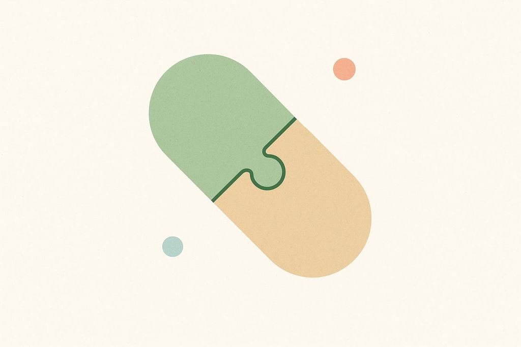 Illustration of a pill capsule formed by two puzzle pieces, one green and one beige, fitting together in the center. Two small dots, one peach and one light blue, float nearby.