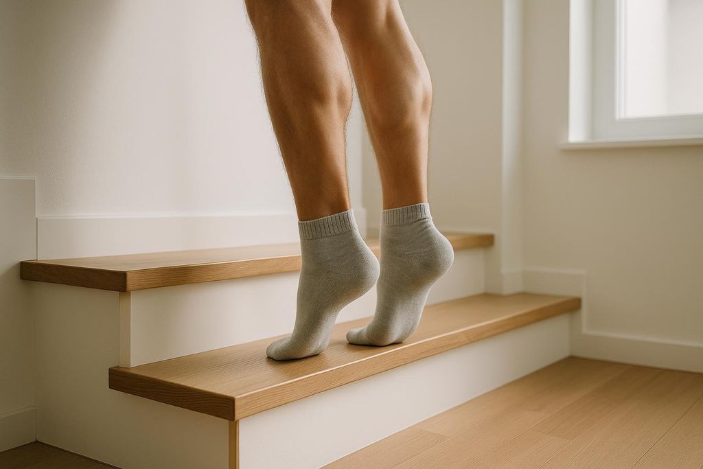 A person with visible calf muscles, wearing grey socks, doing bodyweight calf raises on the edge of a light wood and white home staircase. The person is on their tiptoes, with their heels hanging off the step.