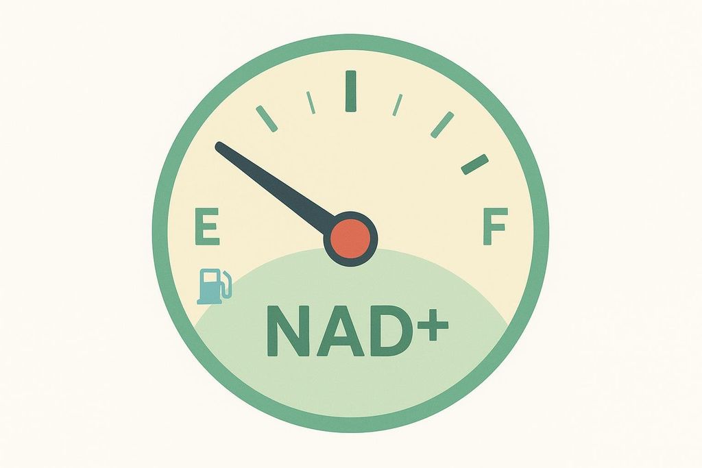 An illustration of a circular fuel gauge with the needle pointing towards 'E' for empty, indicating a low level. Below the needle, the letters 'NAD+' are prominently displayed. A small gas pump icon is also visible near the 'E' for empty.