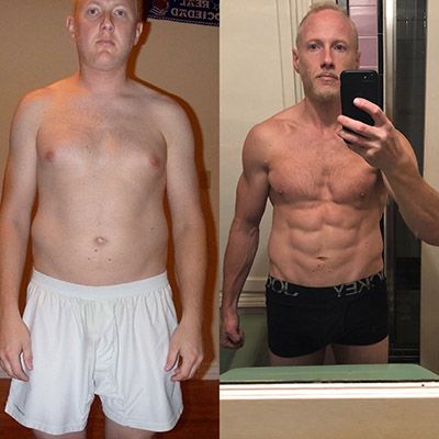 A before and after comparison of a man's body transformation. The left image shows him with more body fat, while the right image shows a significant decrease in body fat and increase in muscle.