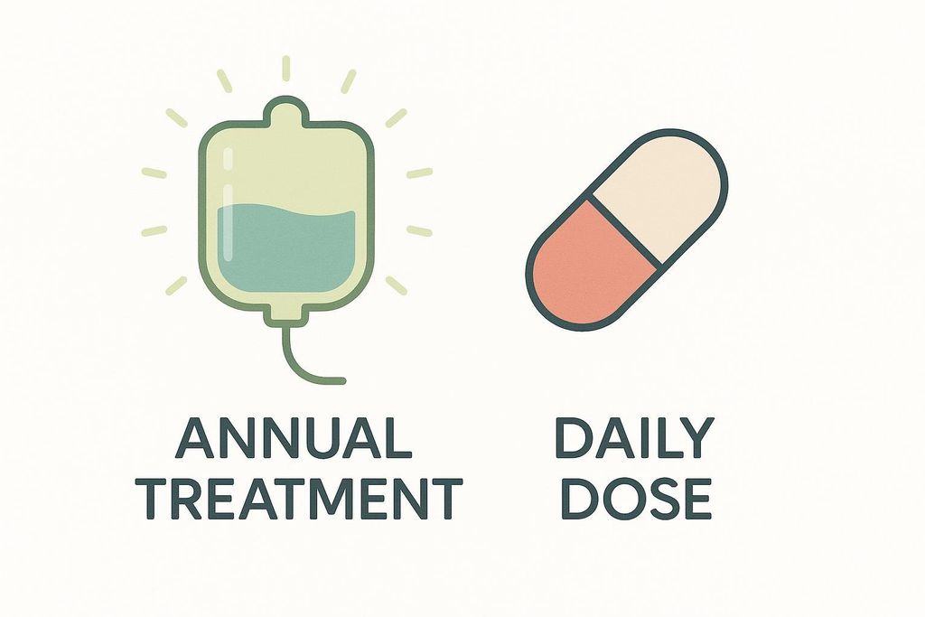 An illustration showing a glowing IV bag labeled 'ANNUAL TREATMENT' next to a capsule pill labeled 'DAILY DOSE', comparing the two medical administration frequencies.