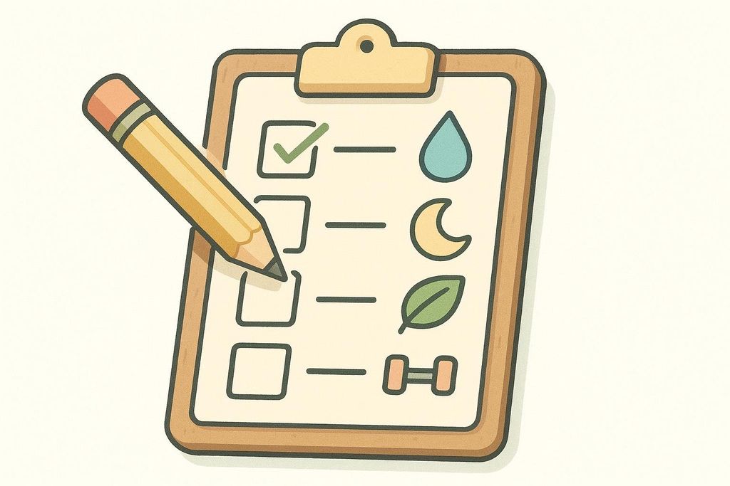 An illustration of a self-assessment quiz on a clipboard with a pencil, featuring icons for water, sleep, nutrition, and exercise, with the water icon already checked.