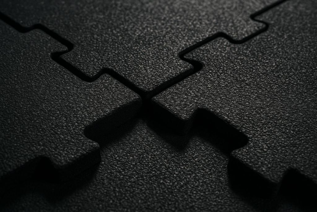 Close-up of thick, black, interlocking rubber gym floor mats with a textured surface, showing the puzzle-piece design.