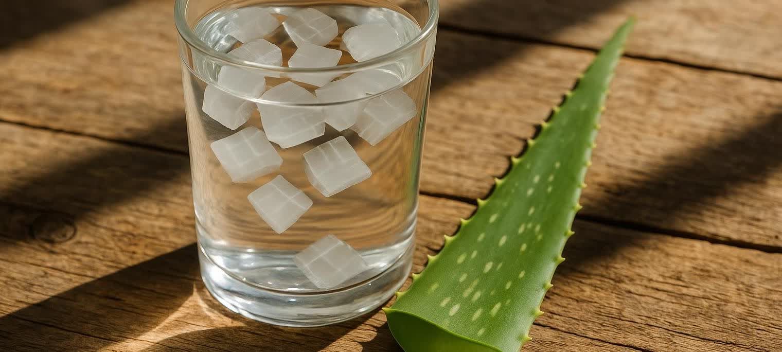 A clear glass of aloe vera juice with floating white aloe pieces sits on a rustic wooden table. Beside it, a vibrant green aloe vera leaf with serrated edges is visible.