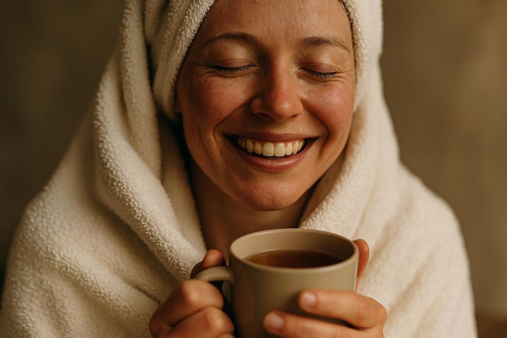 A woman with a towel wrapped around her head smiles and holds a mug of tea, looking comfortable and content.
