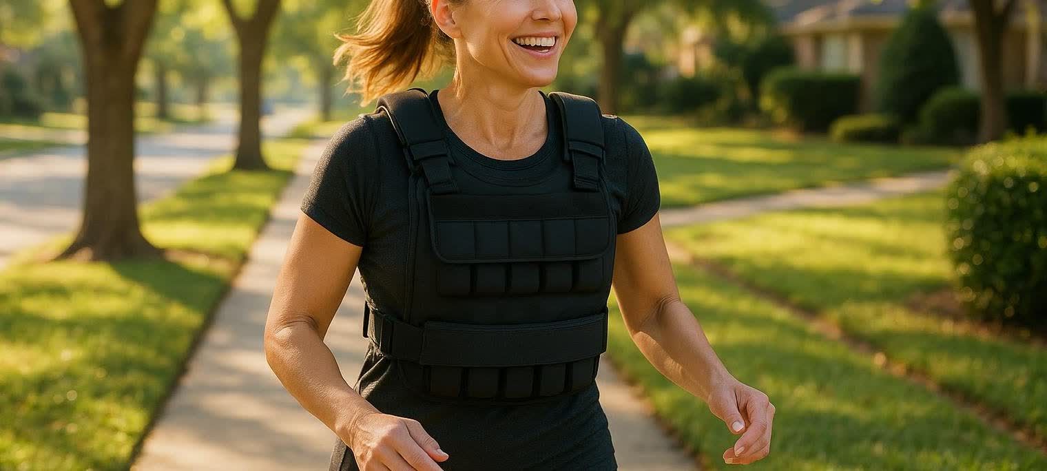 A smiling woman walks outside in a black weighted vest and a dark t-shirt. She has her hair pulled back in a ponytail and is walking on a paved path with green grass and trees in the background.