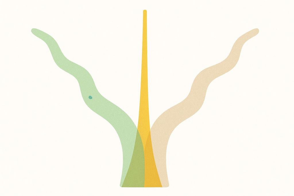 Conceptual illustration showing three diverging paths: a wavy light green path with a small blue dot to the left, a straight yellow path in the center, and a wavy light beige path to the right, all stemming from a common base.