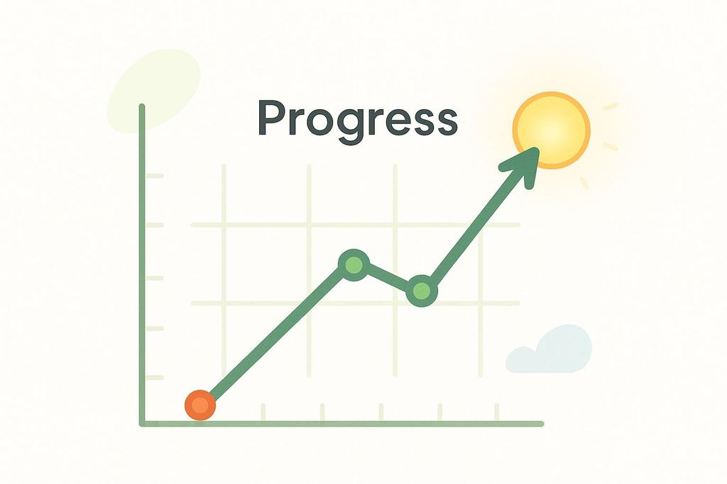An upward trending green line graph with the word 'Progress' at the top, indicating growth or improvement. The line starts with an orange dot and ends with an arrow pointing towards a bright yellow sun.