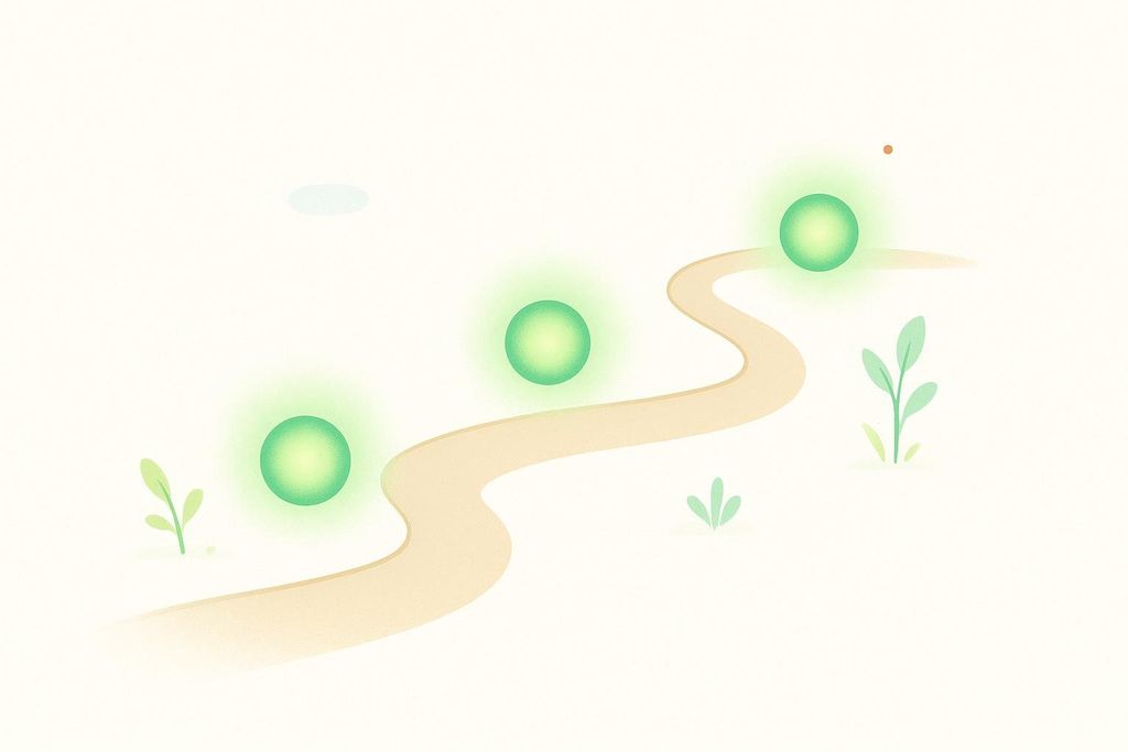 Abstract illustration of a winding path with three widely spaced glowing green markers, representing the recommended 8-12 week frequency for DEXA scans.