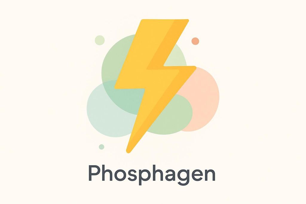 An illustration representing the Phosphagen energy system. A prominent yellow lightning bolt symbol is centered, surrounded by overlapping, semi-transparent circles in shades of light blue, green, and peach. The word "Phosphagen" is written in dark gray letters below the lightning bolt.