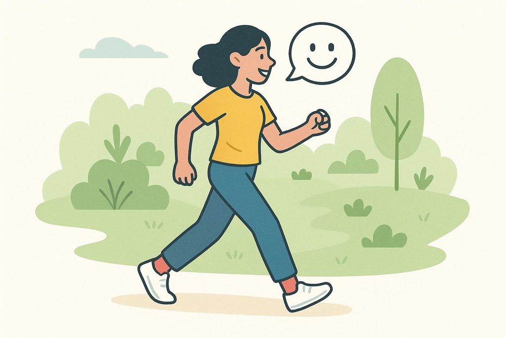 An illustration of a person walking at a relaxed, conversational pace outdoors. A speech bubble with a smiley face icon indicates a positive mood. This image represents steady-state cardio.