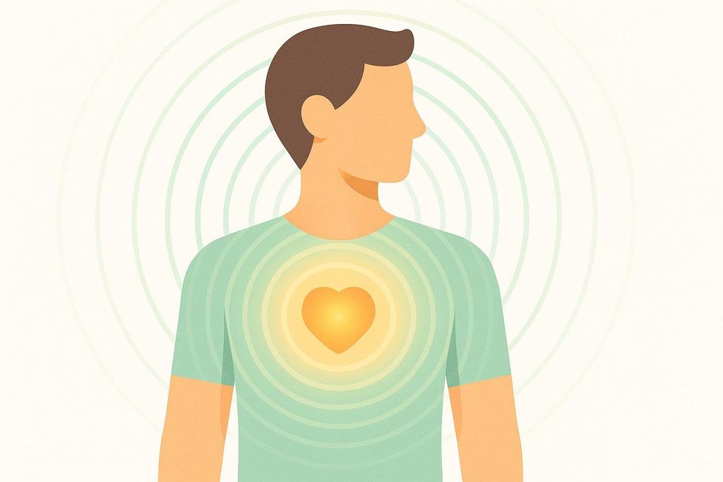 An illustration of a person with a glowing heart and radiating circles originating from the chest, representing cardiovascular health or screening.