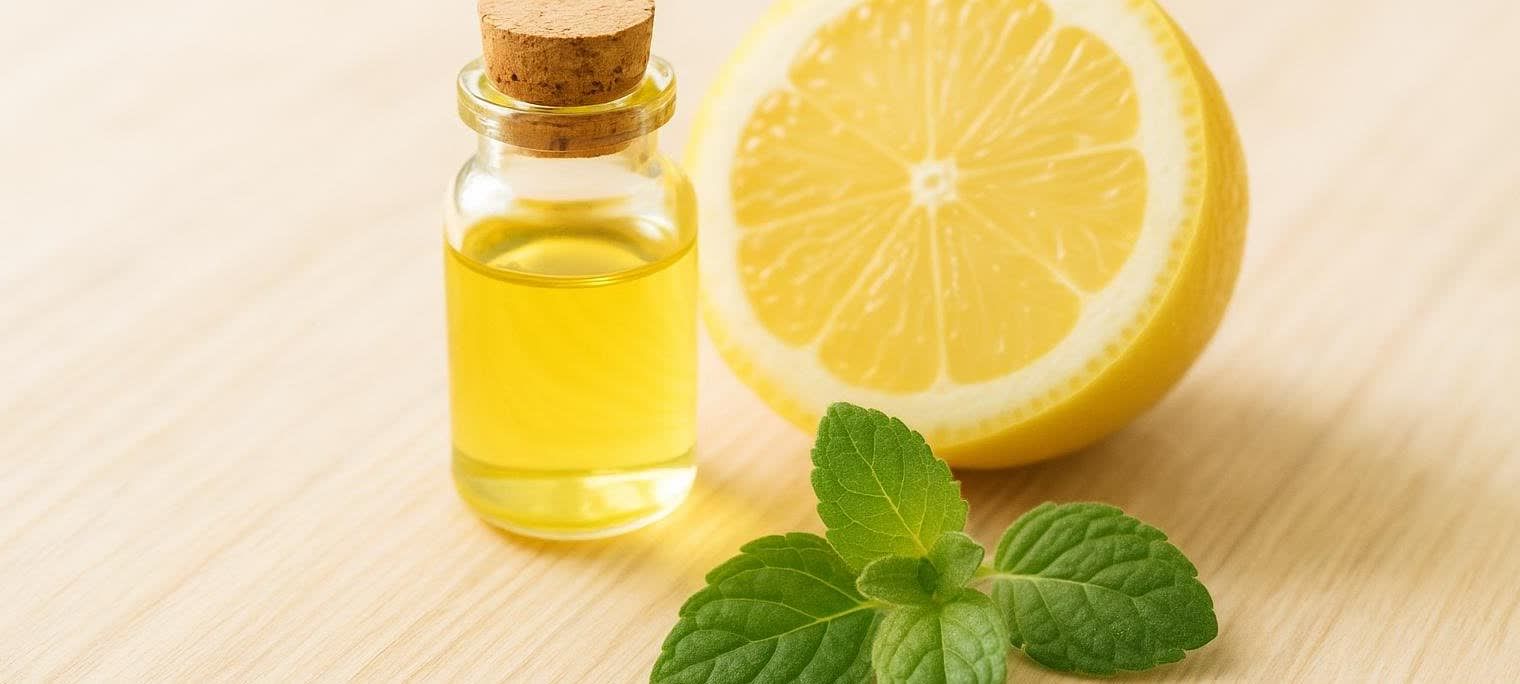 A flat lay image showing a small glass bottle of golden cod liver oil with a cork stopper, half a fresh lemon, and a sprig of green mint leaves on a light wooden surface.