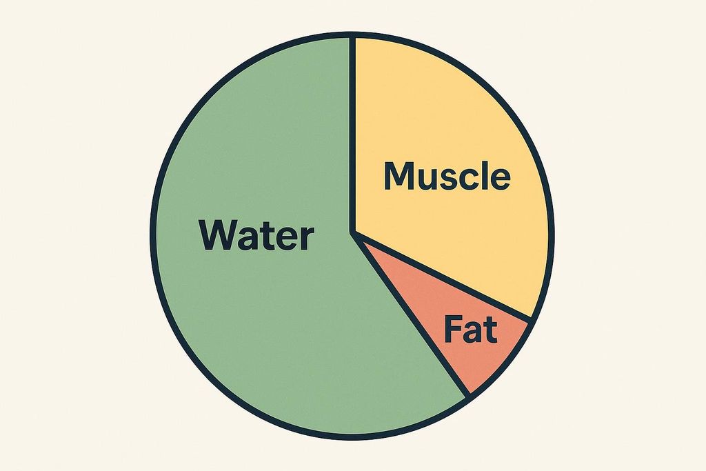 A pie chart showing three sections: the largest green section labeled 'Water', a yellow section labeled 'Muscle', and a smaller orange section labeled 'Fat'.