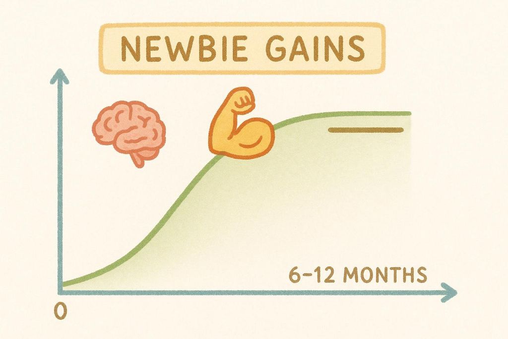 A stylized timeline illustrating the concept of newbie gains, showing a steep initial increase in progress that gradually flattens into a plateau around 6-12 months.