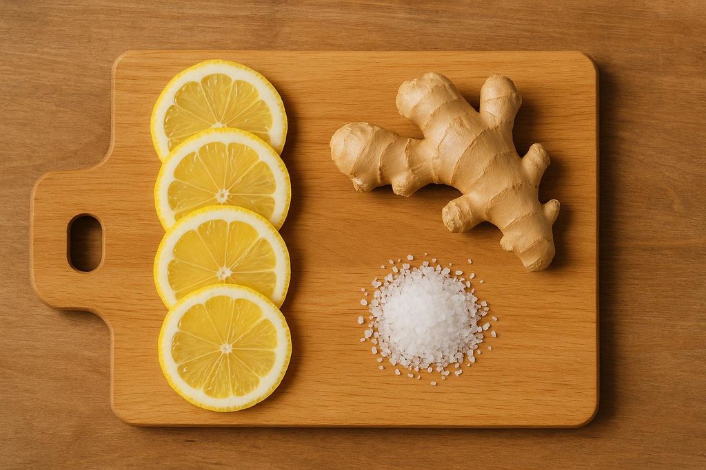A flat lay image on a light brown wooden cutting board featuring four lemon slices, a whole piece of ginger root, and a pile of coarse sea salt.