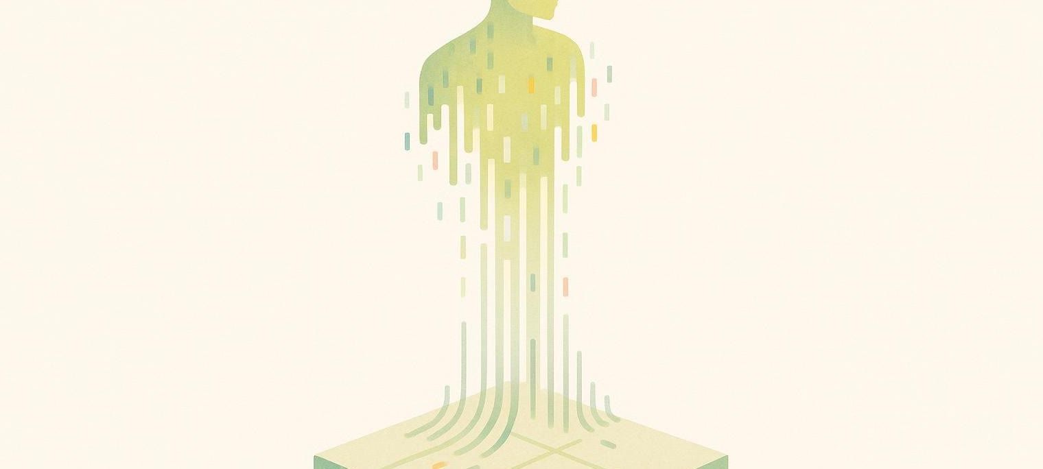 Illustration of digital data forming a human silhouette rising from the floor.