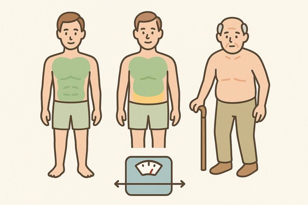 Illustration showing how aging can lead to muscle loss and fat gain even if BMI stays stable or decreases. Three figures represent a younger person with visible muscle, an adult losing muscle and gaining fat, and an older adult with significant fat gain and muscle loss.