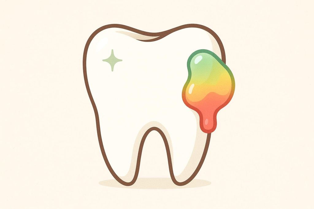 Illustration of a cartoon-style tooth with sticky, multi-colored gummy residue on its right side, against a light background.