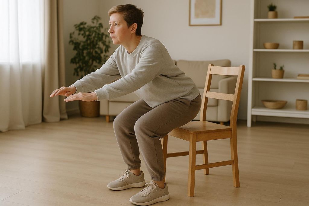 A person demonstrates the sit-to-stand exercise, rising from a chair in a living room setting, to build functional leg strength and improve mobility.